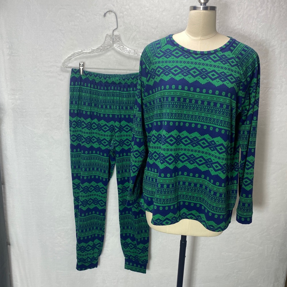 So Intimates Pajama Set Blue Green Print Loungewear L Christmas Soft Warm Comfy